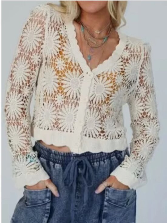 En Créme Sweaters - En Creme 100% Cotton Crochet V-Neck Button Front Cardigan - cream Size S/M
